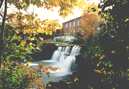 waterfall outside a building