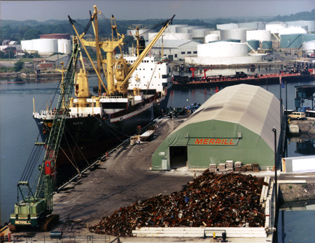 harbor with large boat and Merrill building