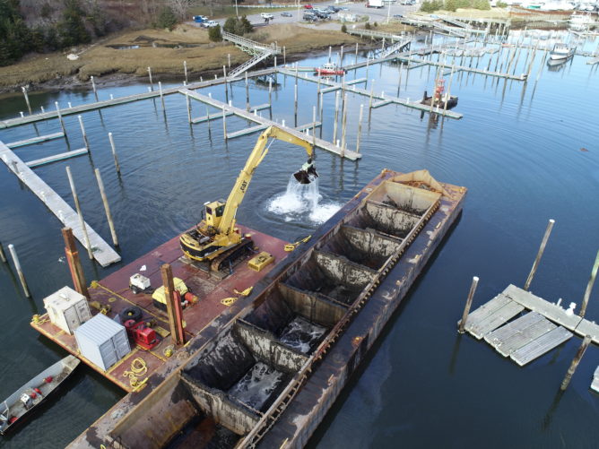 overhead view of dredging work in Sesuit Harbour