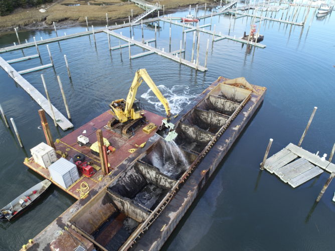 overhead view of dredging work in Sesuit Harbour