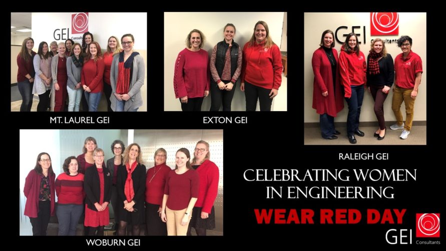 groups of women wearing red celebrating women in engineering