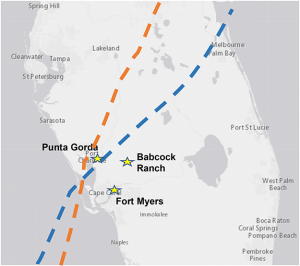 Map of Florida showing paths of Hurricanes Charley and Ian