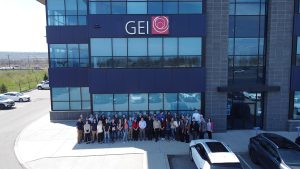 Aerial photo of people in front of building