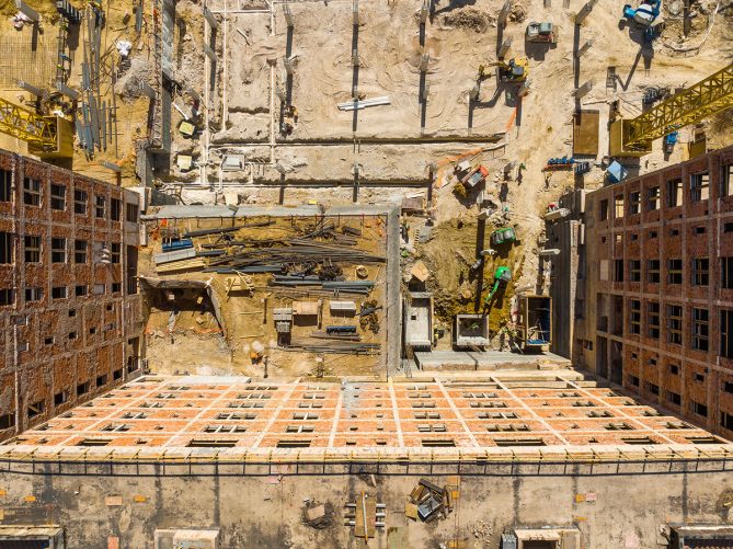 Aerial view of building foundation