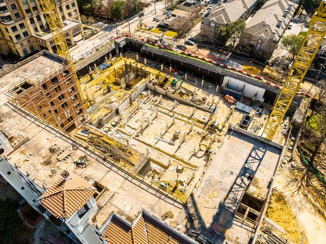 Aerial view of building foundation