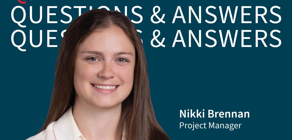 Portrait of Nikki Brennan over Questions & Answers repeating text