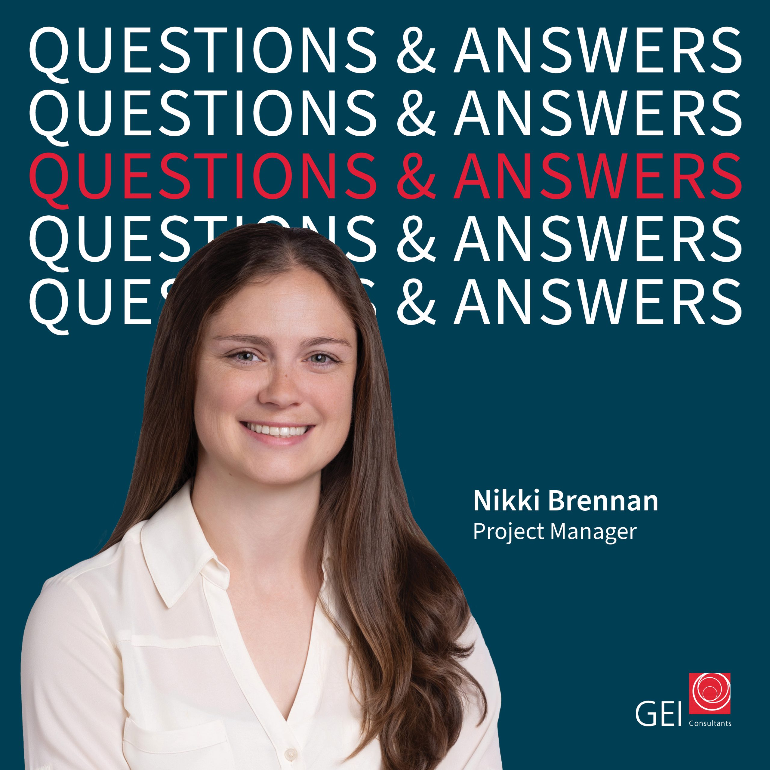 Portrait of Nikki Brennan over Questions & Answers repeating text