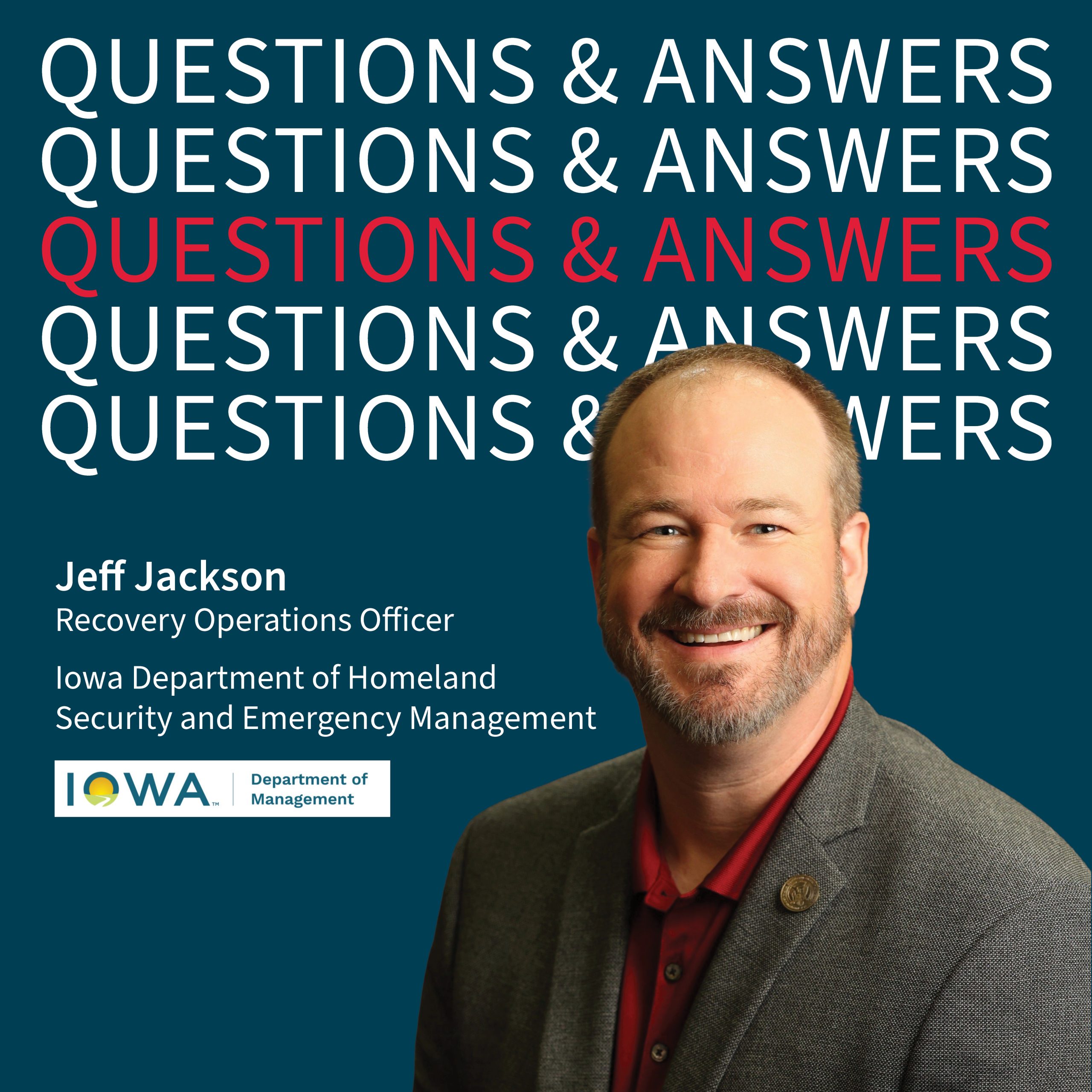 Repeated text of "questions and answers" with portrait of Jeff Jackson