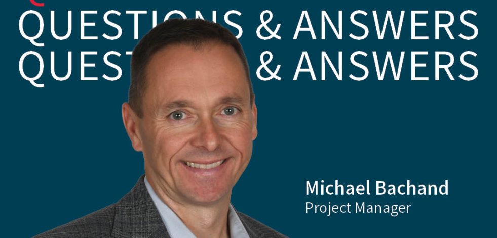 Questions and Answers repeated in text with portrait of Michael Bachand in foreground