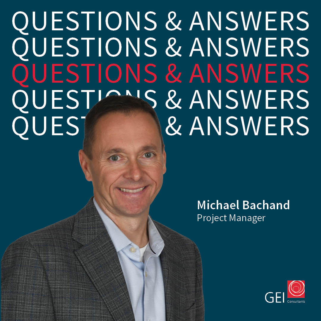 Questions and Answers repeated in text with portrait of Michael Bachand in foreground