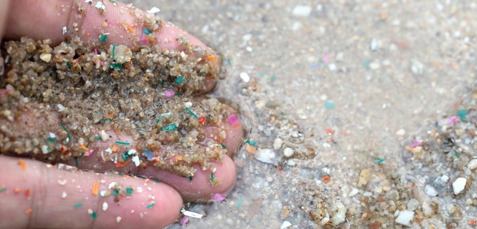 Close-up side shot of hands shows microplastic waste contaminated with the seaside sand.