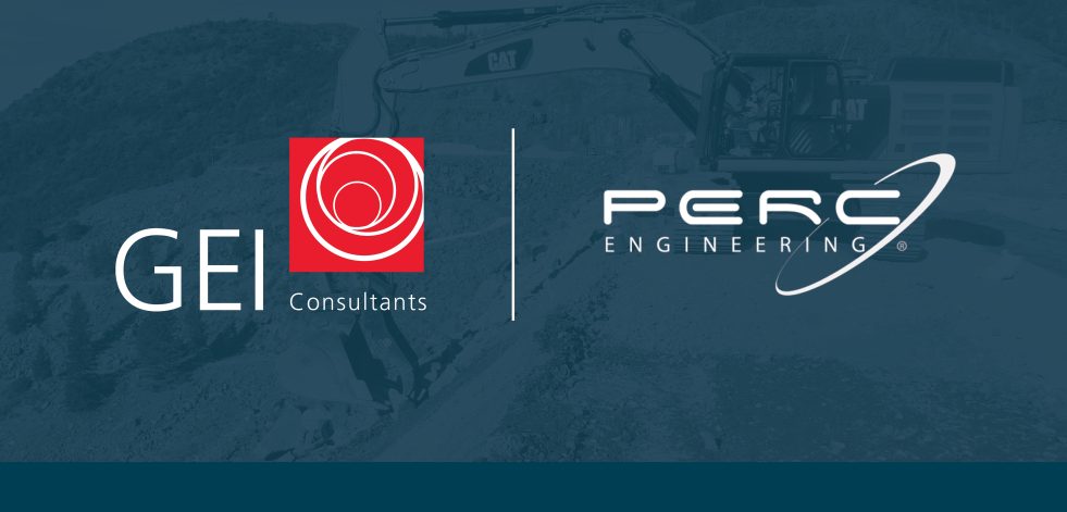 Logos of GEI Consulting and PERC Engineering imposed over a backhoe